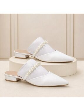 Lulu Hershie White Satin Pointed Toe Heels Pearl Ankle Strap